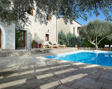 Vederi Estate Villa Kyveli terrace with private pool, sunbeds and chairs