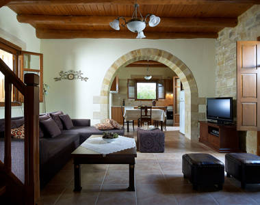 Vederi Estate Villa Alkioni living room and the kitchen in the background